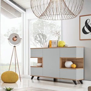 Buffet, bahut, enfilade CORDOBA cinq portes. Coloris gris et chêne. Style design.