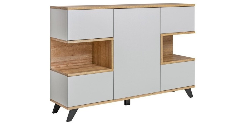 Buffet, bahut, enfilade CORDOBA cinq portes. Coloris gris et chêne. Style design.