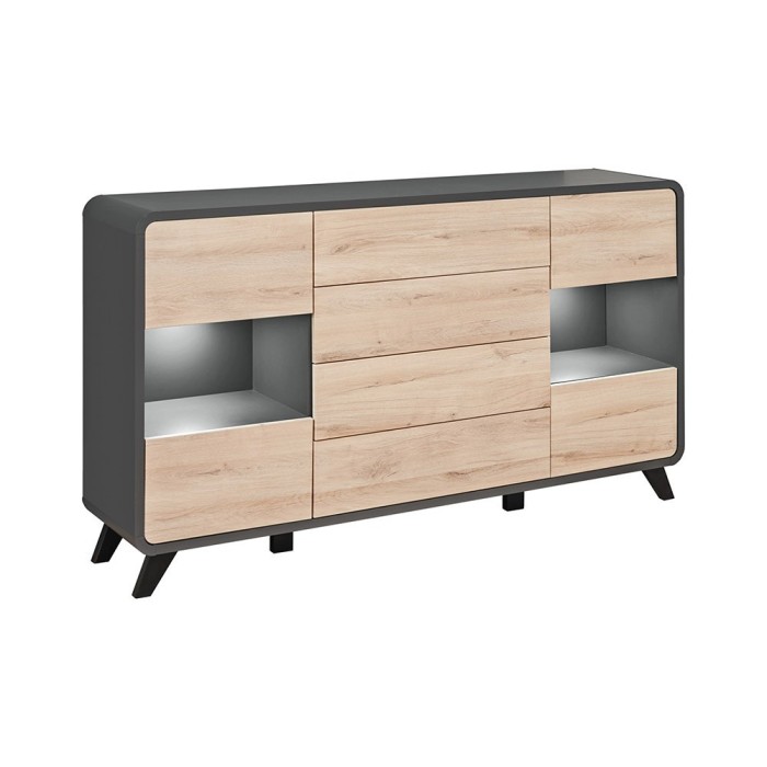 Buffet, bahut, enfilade OASIS 4 portes et  4 tiroirs. Coloris gris et chêne. Style design.