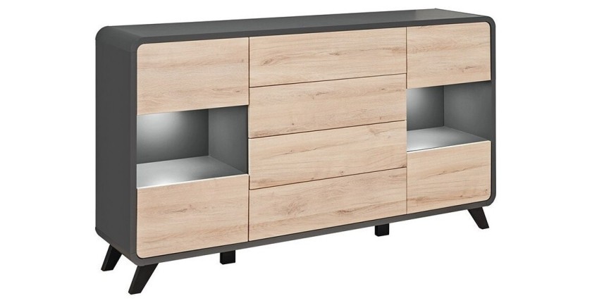 Buffet, bahut, enfilade OASIS 4 portes et  4 tiroirs. Coloris gris et chêne. Style design.
