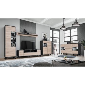 Buffet, bahut, enfilade OASIS 4 portes et  4 tiroirs. Coloris gris et chêne. Style design.