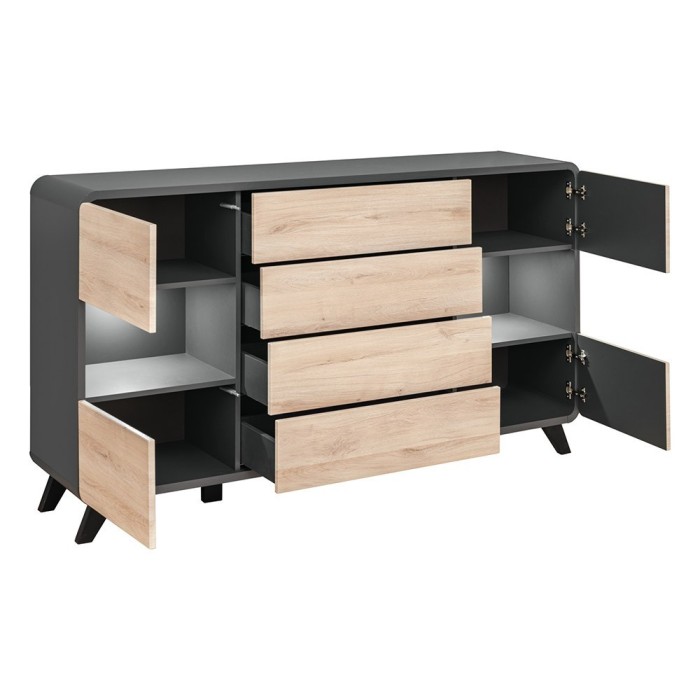 Buffet, bahut, enfilade OASIS 4 portes et  4 tiroirs. Coloris gris et chêne. Style design.