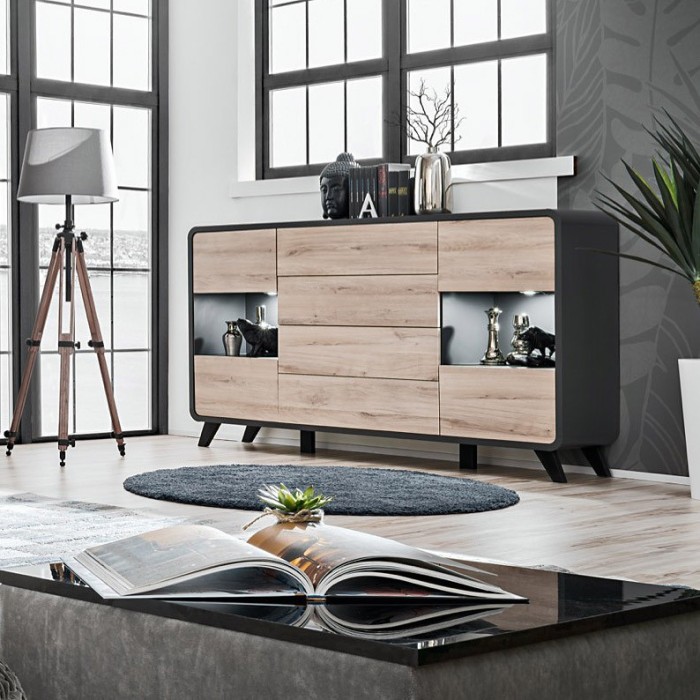 Buffet, bahut, enfilade OASIS 4 portes et  4 tiroirs. Coloris gris et chêne. Style design.