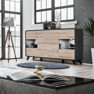 Buffet, bahut, enfilade OASIS 4 portes et  4 tiroirs. Coloris gris et chêne. Style design.