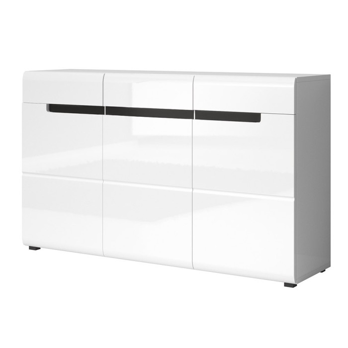 Buffet design LUCIA, 3 portes et 3 tiroirs. Coloris blanc brillant et noir