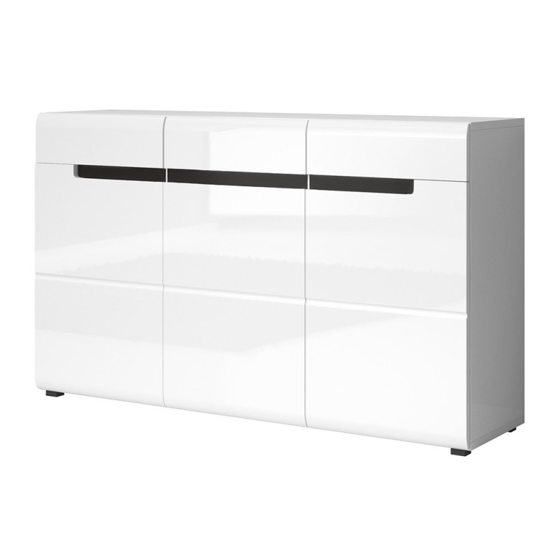 Buffet design LUCIA, 3 portes et 3 tiroirs. Coloris blanc brillant et noir