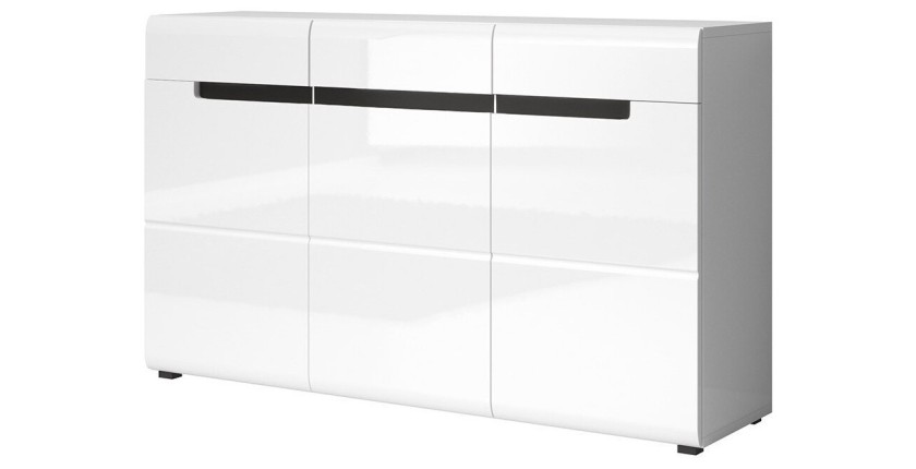 Buffet design LUCIA, 3 portes et 3 tiroirs. Coloris blanc brillant et noir
