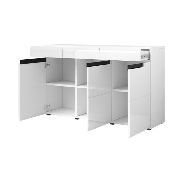 Buffet design LUCIA, 3 portes et 3 tiroirs. Coloris blanc brillant et noir