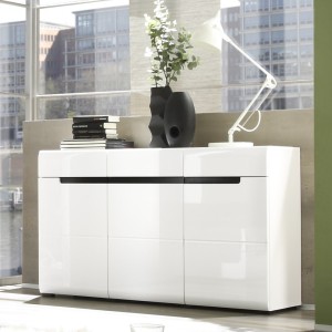 Buffet design LUCIA, 3 portes et 3 tiroirs. Coloris blanc brillant et noir