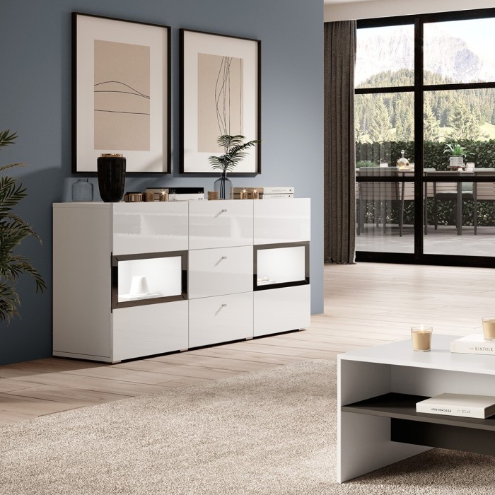 Buffet 2 portes et 3 tiroirs collection RAMOS. Éclairage LED intégré. Coloris blanc brillant et noir