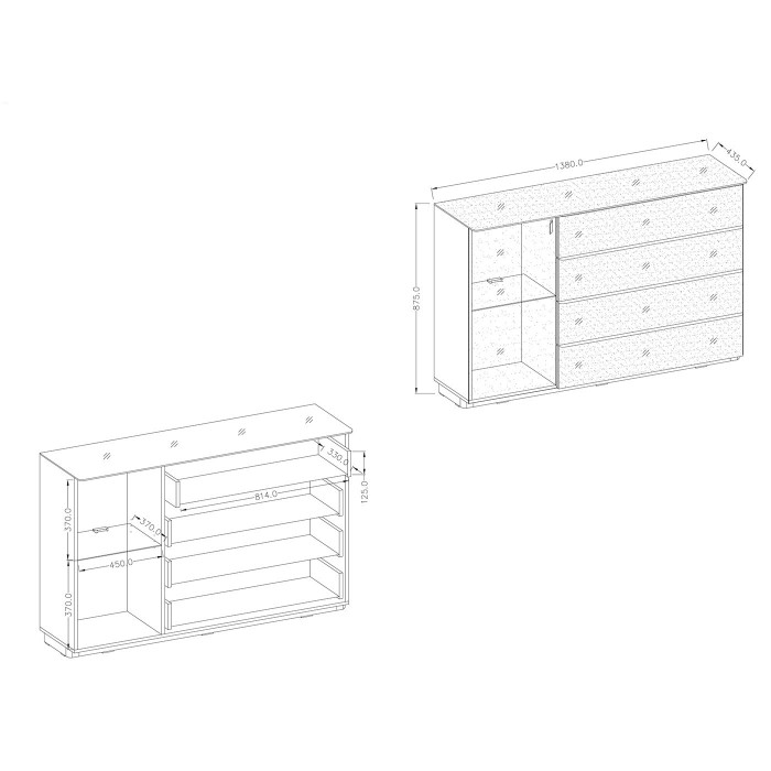 Buffet, bahut, enfilade TONGA 4 tiroirs, une porte. Look ultra design. Finition brillante. LEDS incluses