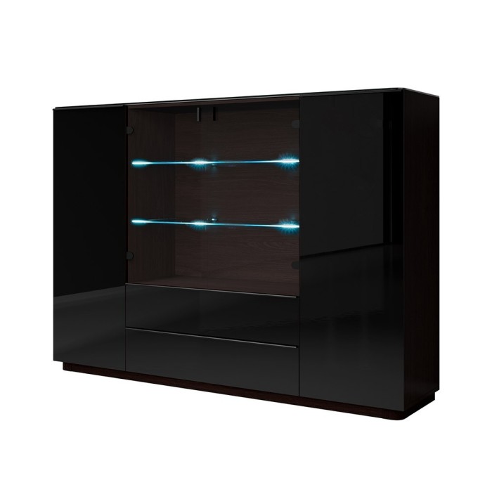 Buffet haut TONGA quatre portes et deux tiroirs. Couleur Wengé. LED incluses. Style design.