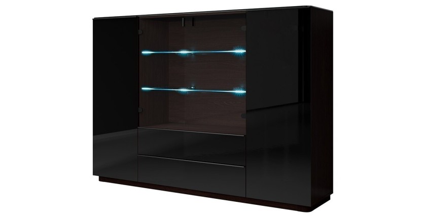 Buffet haut TONGA quatre portes et deux tiroirs. Couleur Wengé. LED incluses. Style design.
