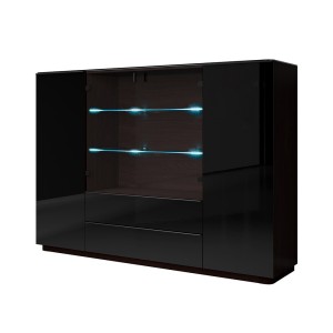 Buffet haut TONGA quatre portes et deux tiroirs. Couleur Wengé. LED incluses. Style design.