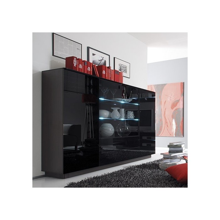 Buffet haut TONGA quatre portes et deux tiroirs. Couleur Wengé. LED incluses. Style design.