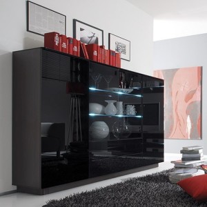 Buffet haut TONGA quatre portes et deux tiroirs. Couleur Wengé. LED incluses. Style design.