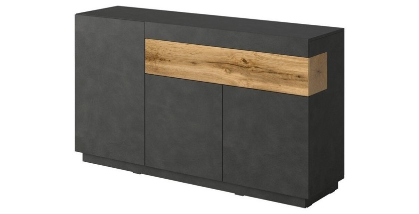 Buffet, bahut, enfilade KILES trois portes et un tiroir. Coloris gris anthracite et chêne. Style design