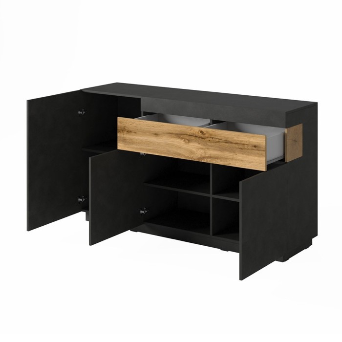 Buffet, bahut, enfilade KILES trois portes et un tiroir. Coloris gris anthracite et chêne. Style design