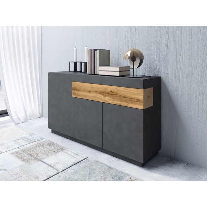 Buffet, bahut, enfilade KILES trois portes et un tiroir. Coloris gris anthracite et chêne. Style design