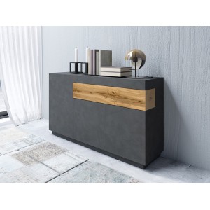 Buffet, bahut, enfilade KILES trois portes et un tiroir. Coloris gris anthracite et chêne. Style design