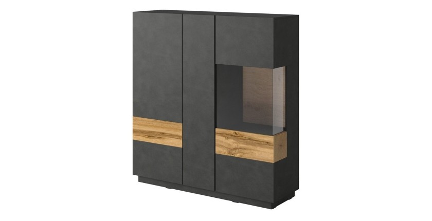 Buffet haut KILES trois portes avec LED. Coloris gris anthracite et chêne. Style design