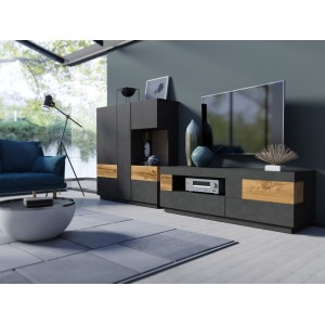 Buffet haut KILES trois portes avec LED. Coloris gris anthracite et chêne. Style design