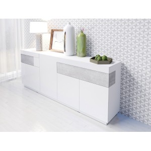 Buffet, bahut, enfilade KILES trois portes, deux tiroirs. Coloris blanc et gris. Style design.