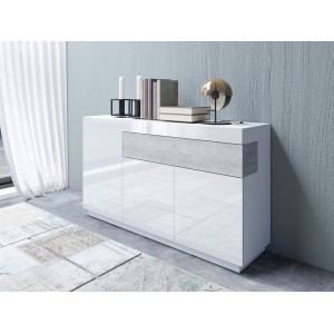 Buffet, bahut, enfilade KILES trois portes et un tiroir. Coloris blanc et gris. Style design