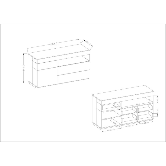 Buffet collection KILES 170cm, LED intégré. Coloris blanc et gris. Style design