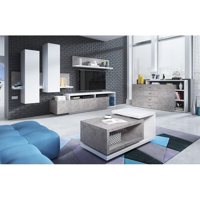 Buffet avec étagère intégrée collection BERGAME 180cm. Coloris Gris et blanc. Style design