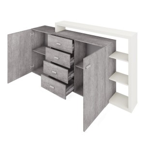 Buffet avec étagère intégrée collection BERGAME 180cm. Coloris Gris et blanc. Style design