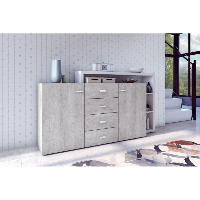 Buffet avec étagère intégrée collection BERGAME 180cm. Coloris Gris et blanc. Style design