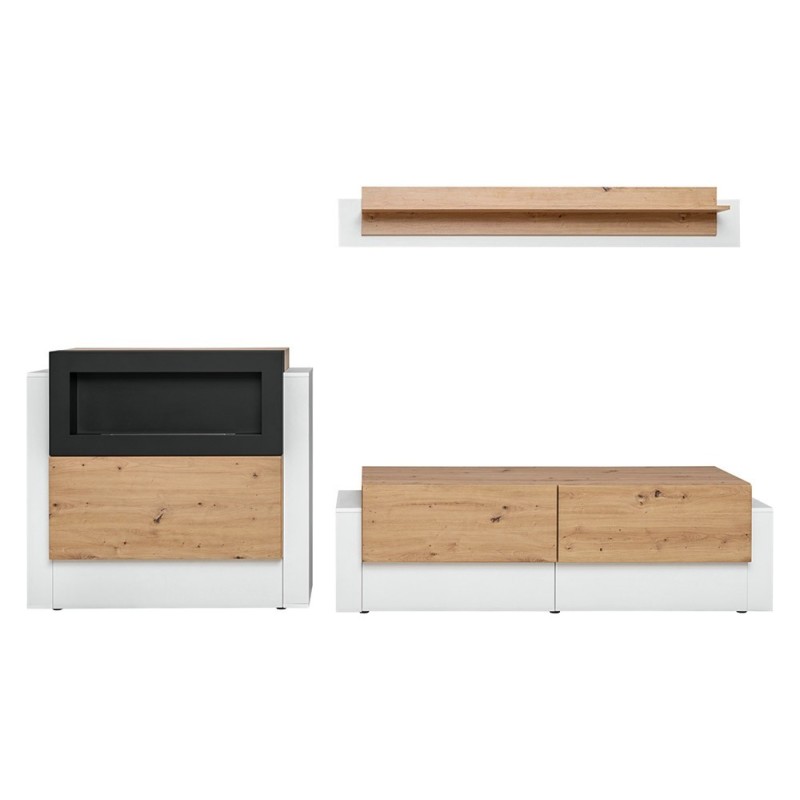 Ensemble meubles de salon - SPIRITE. Composition murale avec une cheminée bio-éthanol.