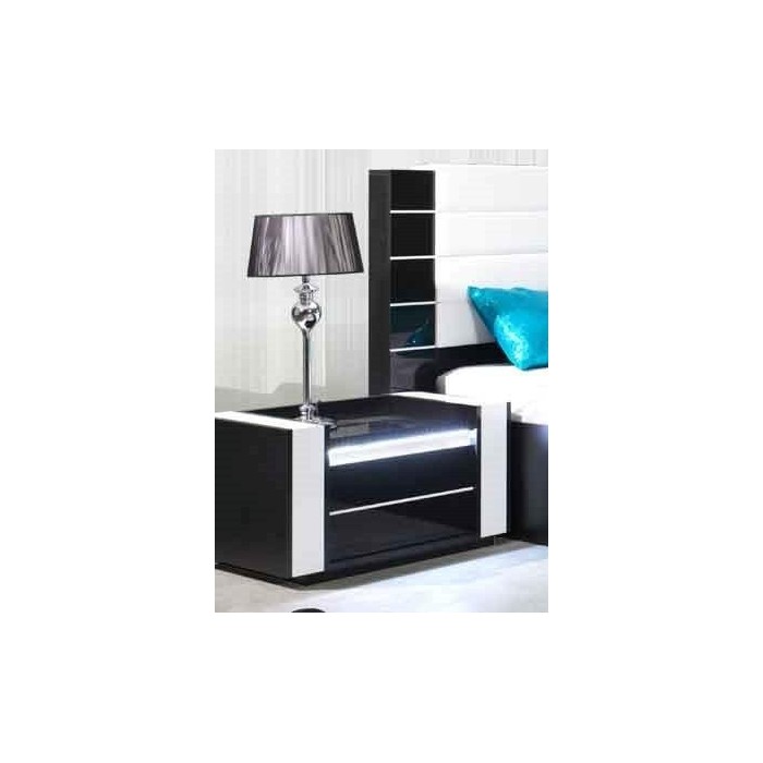 Ensemble design pour chambre à coucher LINA noir. Lit coffre 180x200 + 2 chevets avec LED + commode avec LED