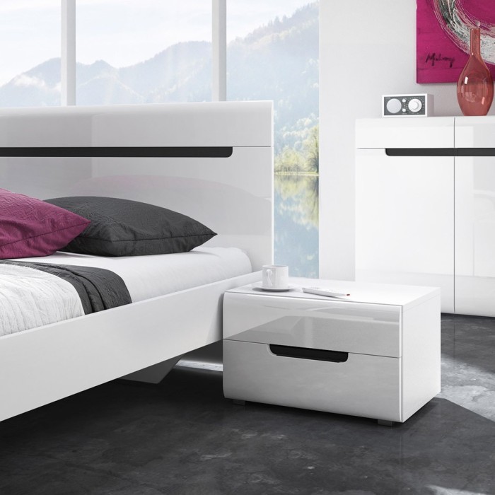 Ensemble Lit 160x200 plus 2 Chevets. Collection LUCIA. Couleur blanc. Style design.