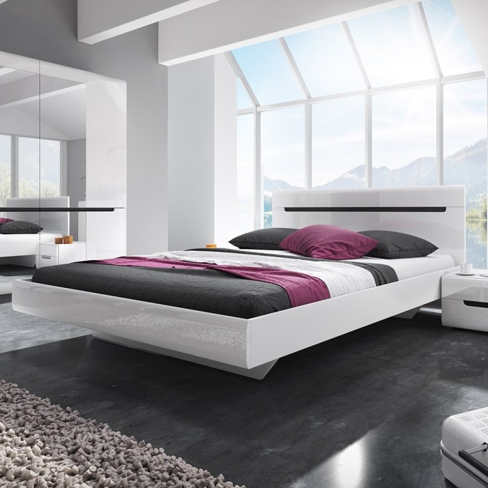 Ensemble Lit 180x200 plus 2 Chevets. Collection LUCIA. Couleur blanc. Style design.