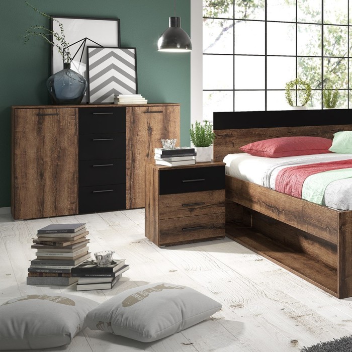 Ensemble Lit 180x200 plus Chevets collection EOS. Couleur chêne foncé et noir.