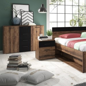Ensemble Lit 180x200 plus Chevets collection EOS. Couleur chêne foncé et noir.