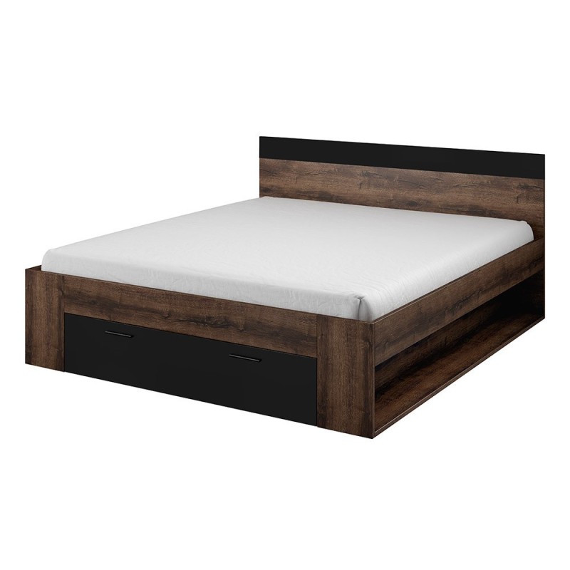 Ensemble Lit 180x200 plus Chevets collection EOS. Couleur chêne foncé et noir.
