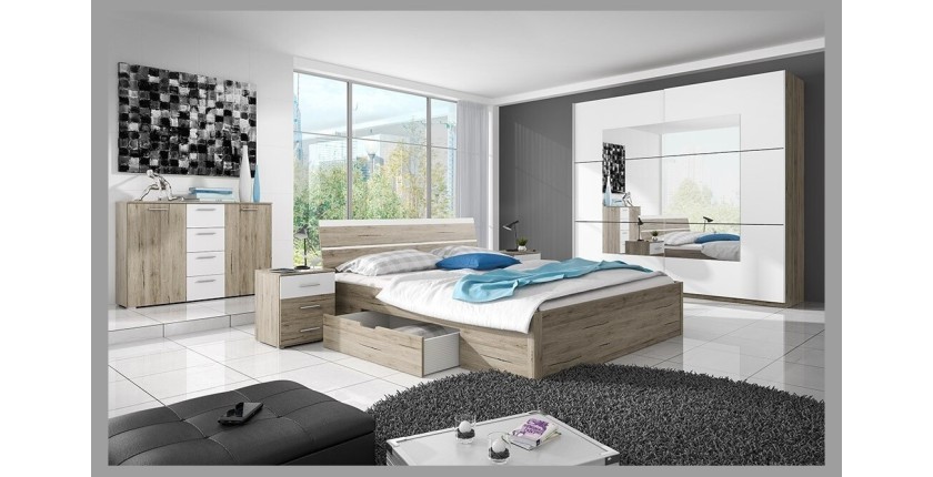 Ensemble Lit 160x200 et Chevets collection EOS. Couleur chêne clair et blanc.