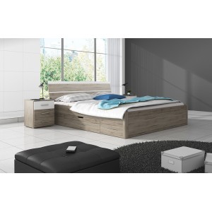 Ensemble Lit 160x200 et Chevets collection EOS. Couleur chêne clair et blanc.