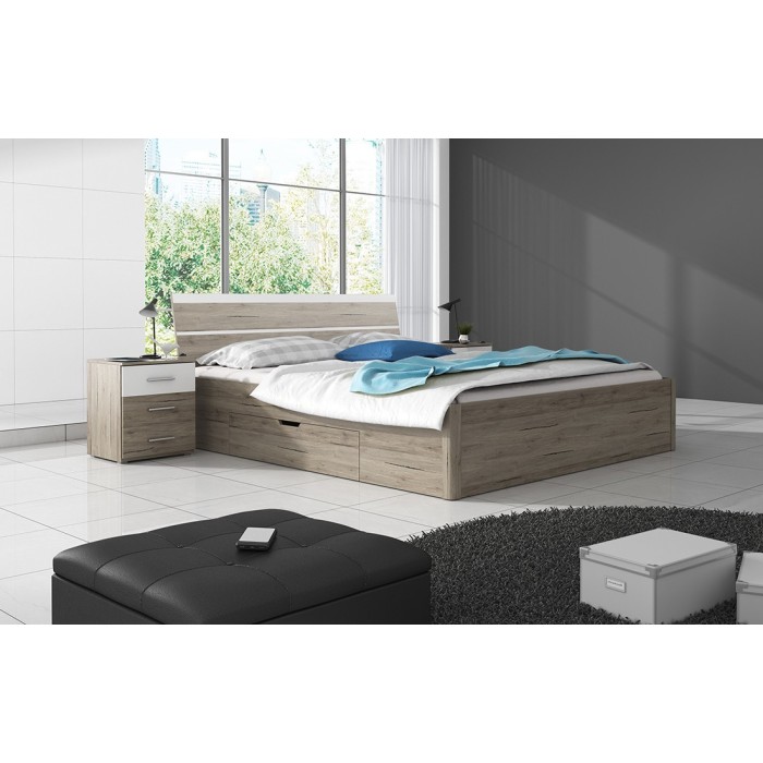 Ensemble Lit 180x200 et Chevets collection EOS. Couleur chêne clair et blanc.