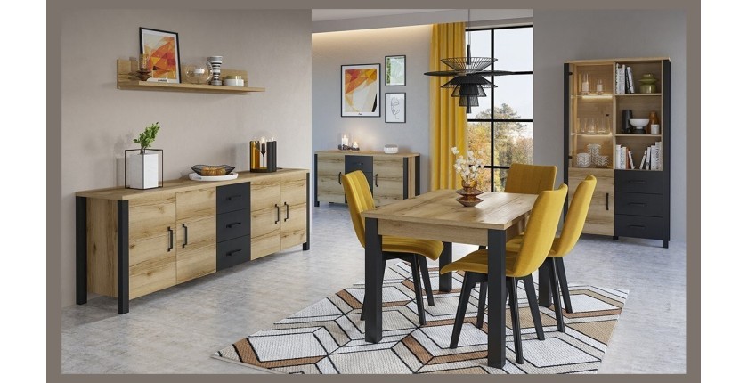Ensemble de 5 meubles de salle à manger collection DARWIN. Couleur chêne clair et noir.