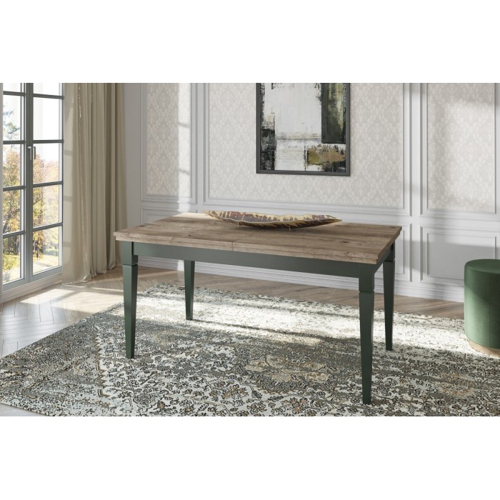Table extensible jusqu'à 240cm pour salle à manger Collection ASSIA. Coloris vert et chêne
