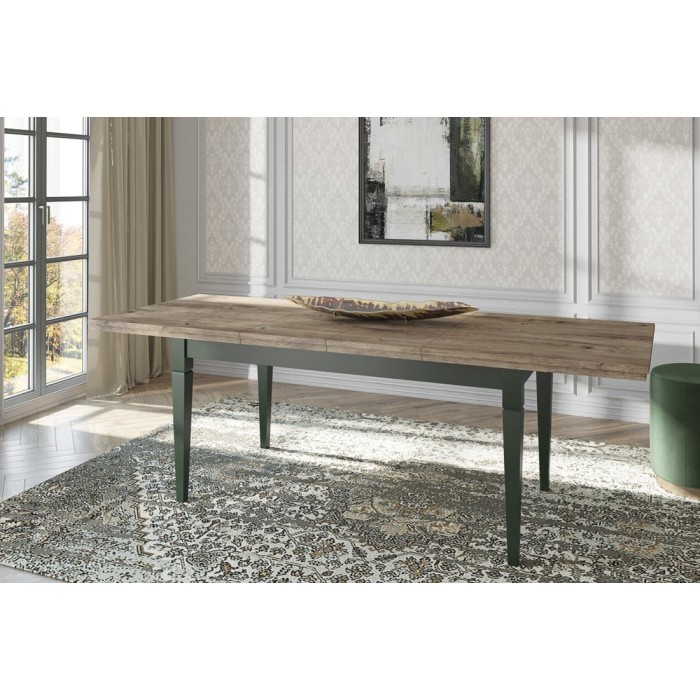 Table extensible jusqu'à 240cm pour salle à manger Collection ASSIA. Coloris vert et chêne