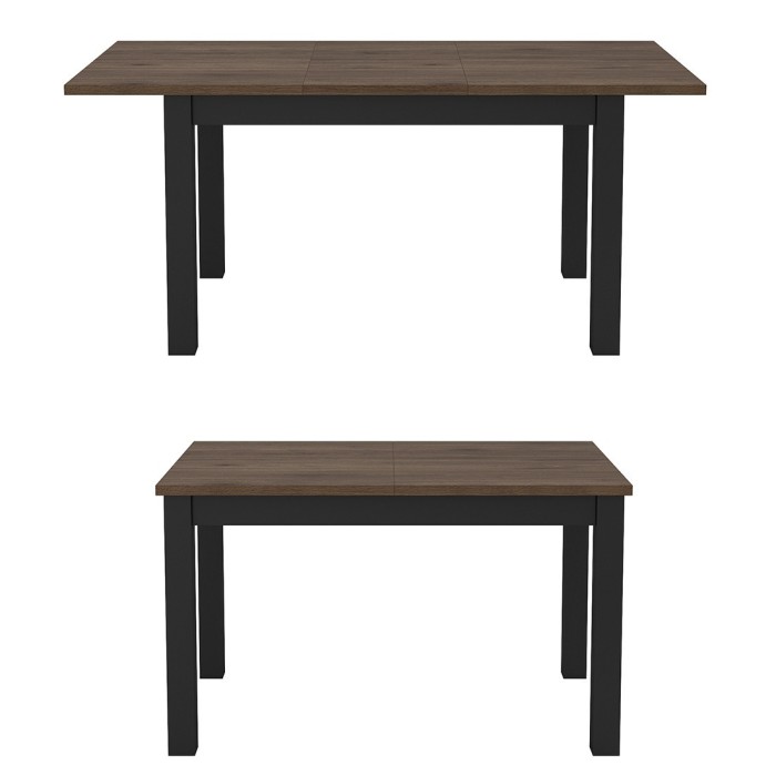 Table extensible jusqu'à 175cm pour salle à manger Collection DARWIN. Plateau chêne foncé. Pieds noirs