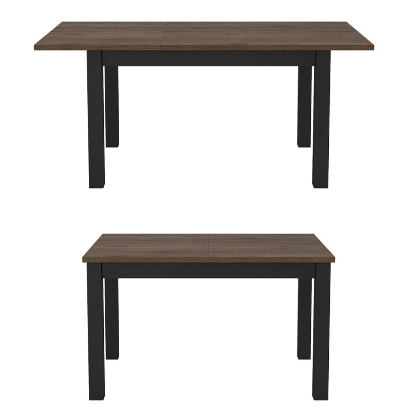 Table extensible jusqu'à 175cm pour salle à manger Collection DARWIN. Plateau chêne foncé. Pieds noirs