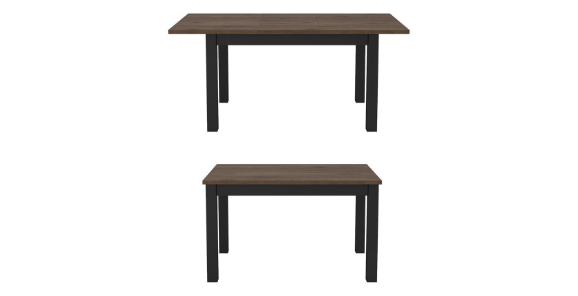 Table extensible jusqu'à 175cm pour salle à manger Collection DARWIN. Plateau chêne foncé. Pieds noirs