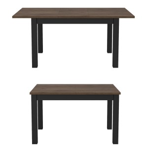 Table extensible jusqu'à 175cm pour salle à manger Collection DARWIN. Plateau chêne foncé. Pieds noirs