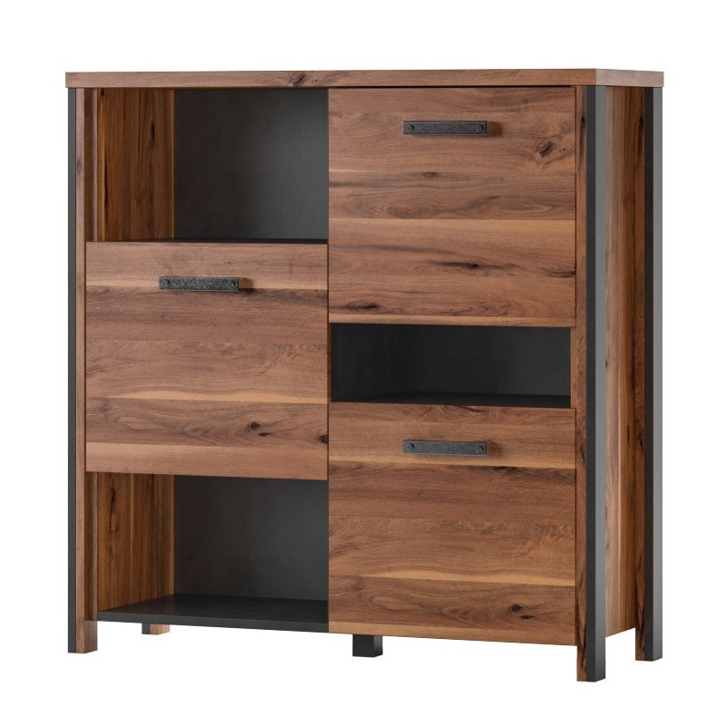 Bahut 110cm collection WINDSOR. Coloris chêne foncé et gris anthracite.